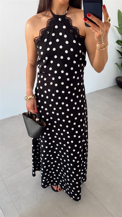 Siyah-Beyaz Dantel Detaylı Puantiye Desenli Elbise