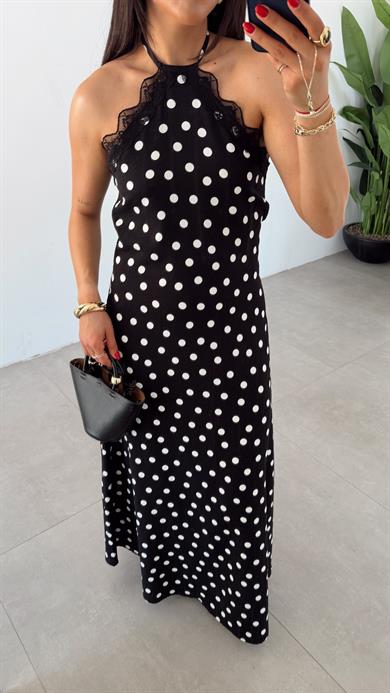 Siyah-Beyaz Dantel Detaylı Puantiye Desenli Elbise