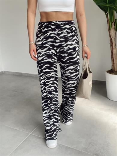 Siyah-Beyaz Desenli  Beli Lastikli Pantolon