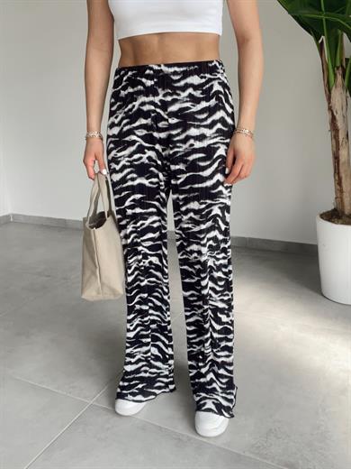 Siyah-Beyaz Desenli  Beli Lastikli Pantolon