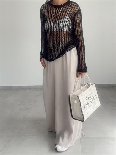 Siyah Bisiklet Yaka Ajurlu Transparan Kazak