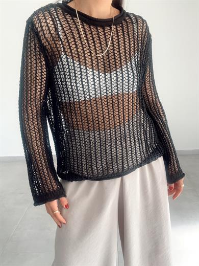 Siyah Bisiklet Yaka Ajurlu Transparan Kazak