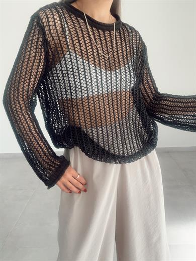 Siyah Bisiklet Yaka Ajurlu Transparan Kazak