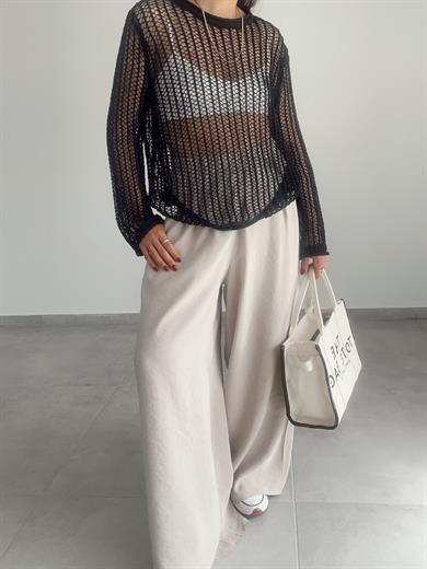 Siyah Bisiklet Yaka Ajurlu Transparan Kazak