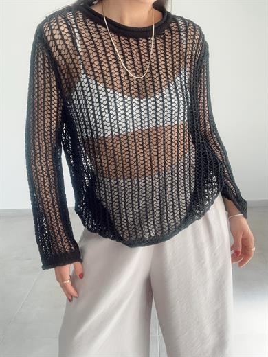 Siyah Bisiklet Yaka Ajurlu Transparan Kazak