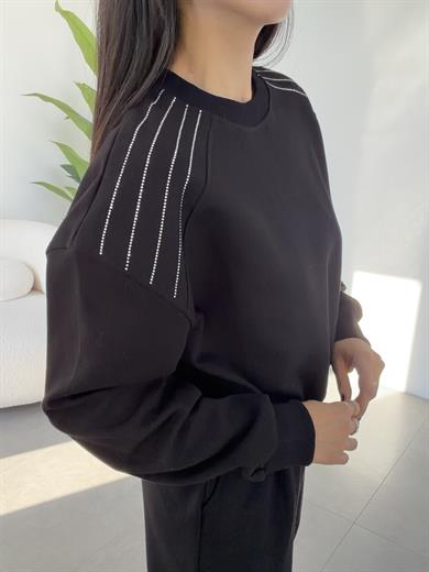 Siyah Bisiklet Yaka Omuz Taş Detaylı Sweat