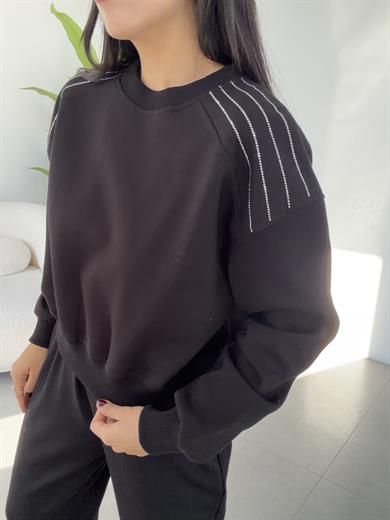 Siyah Bisiklet Yaka Omuz Taş Detaylı Sweat