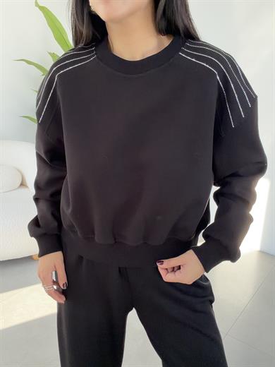 Siyah Bisiklet Yaka Omuz Taş Detaylı Sweat