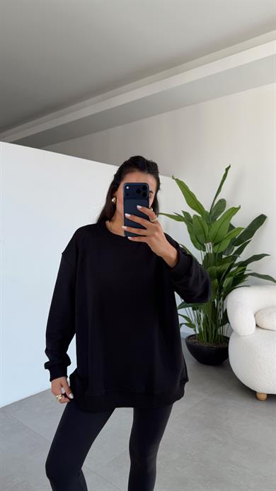 Siyah Bisiklet Yaka Oversize Sweat