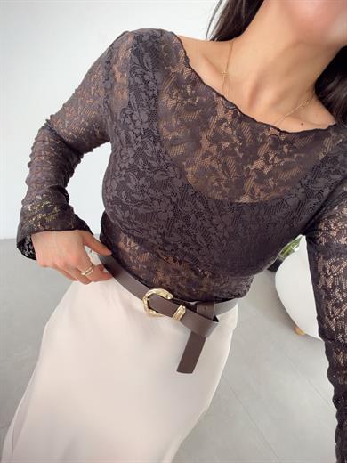 Siyah Bisiklet Yaka Uzun Kollu Dantel Bluz