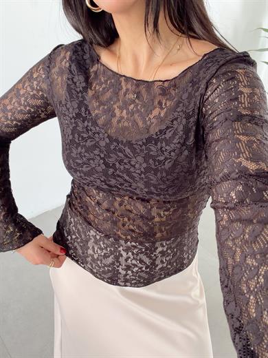 Siyah Bisiklet Yaka Uzun Kollu Dantel Bluz