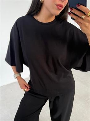 Siyah Bisiklet Yaka Yarasa Kol Bluz