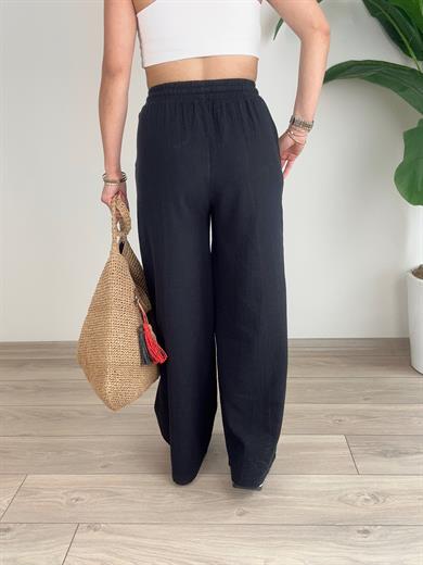 Siyah Bol Paça Keten Pantolon