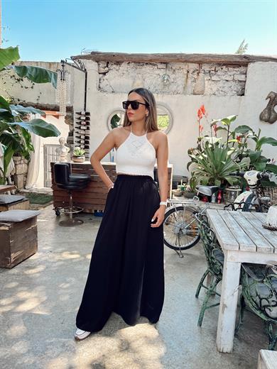 Siyah Bol Paça Müslin Pantolon