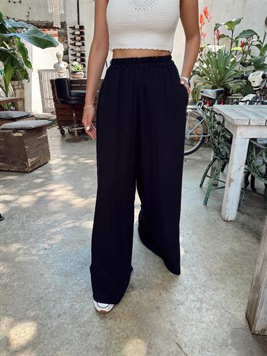 Siyah Bol Paça Müslin Pantolon