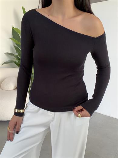 Siyah Buzy Kayık Yaka Tek Omuz Uzun Kol Bady