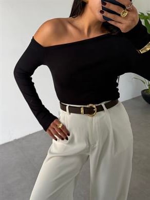 Siyah Buzy Kayık Yaka Tek Omuz Uzun Kol Bady