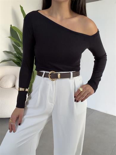 Siyah Buzy Kayık Yaka Tek Omuz Uzun Kol Bady