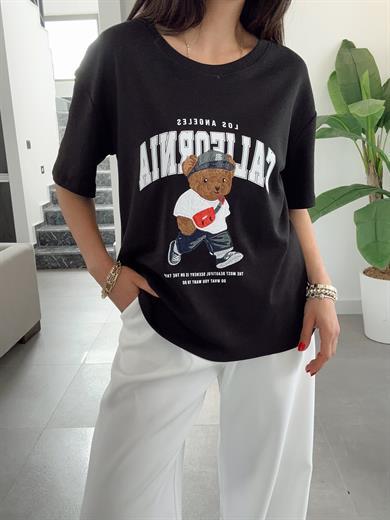 Siyah California Tedy Nakışlı Tshirt