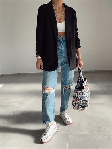 Siyah Çelik Kumaş Kol Büzgülü Blazer Ceket