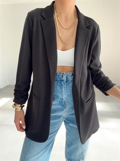 Siyah Çelik Kumaş Kol Büzgülü Blazer Ceket