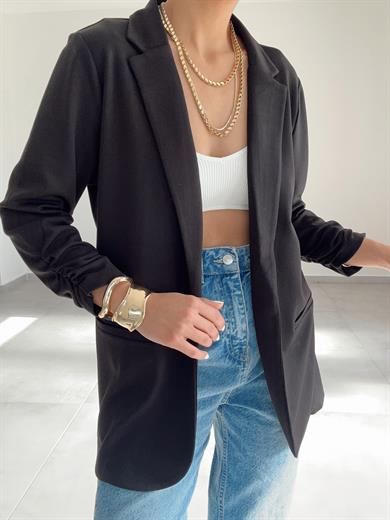 Siyah Çelik Kumaş Kol Büzgülü Blazer Ceket