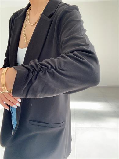 Siyah Çelik Kumaş Kol Büzgülü Blazer Ceket