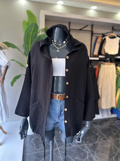 Siyah Cepli Kapşonlu Müslin Gömlek