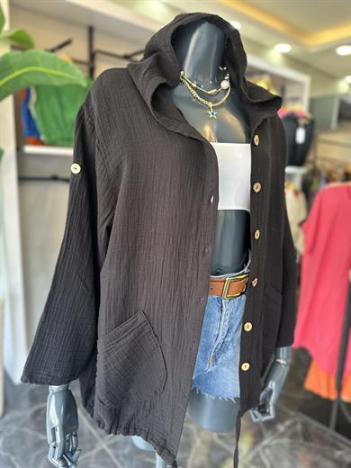 Siyah Cepli Kapşonlu Müslin Gömlek