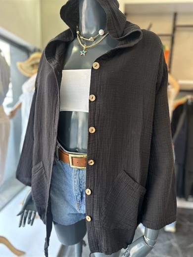 Siyah Cepli Kapşonlu Müslin Gömlek