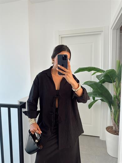 Siyah Çift Bağlamalı Pareo Gömlek