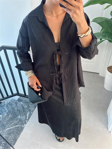 Siyah Çift Bağlamalı Pareo Gömlek