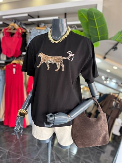 Siyah Çita Baskı Tshirt