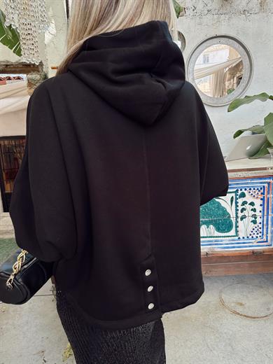 Siyah Çıtçıt Detaylı Kapşonlu Sweatshirt