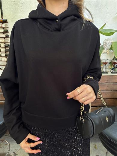 Siyah Çıtçıt Detaylı Kapşonlu Sweatshirt