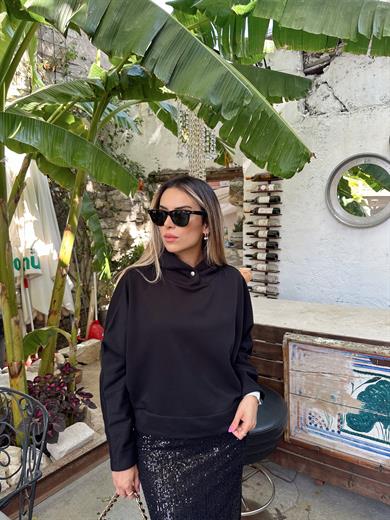 Siyah Çıtçıt Detaylı Kapşonlu Sweatshirt