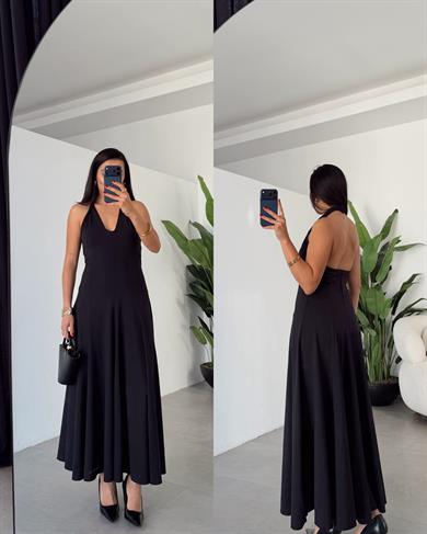 Siyah Dalgıç Kumaş Boyun Geçme Elbise