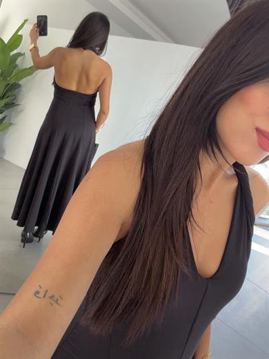 Siyah Dalgıç Kumaş Boyun Geçme Elbise