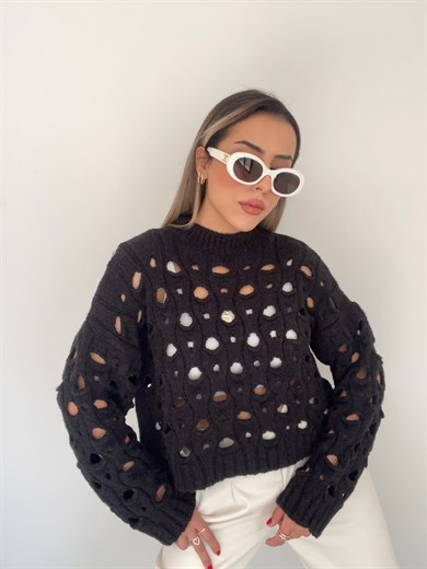 Siyah Delikli Bisiklet Yaka Triko Kazak