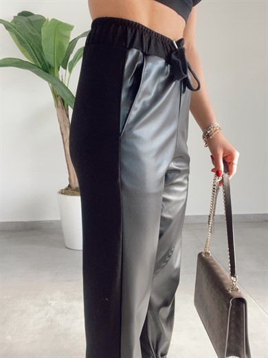 Siyah Deri Detaylı Pantolon