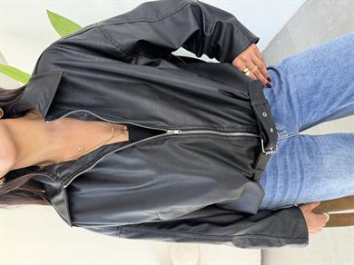 Siyah Deri Kemerli Bomber Ceket