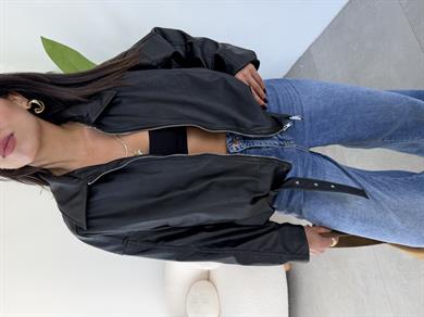 Siyah Deri Kemerli Bomber Ceket