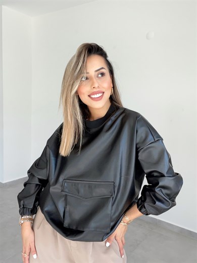 Siyah Deri Sweatshrt