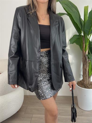 Siyah Düğme Detaylı Deri Blazer Ceket