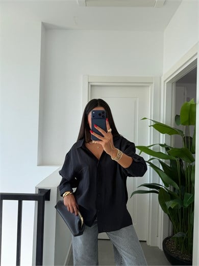 Siyah Düşük Omuz Oversize Gömlek