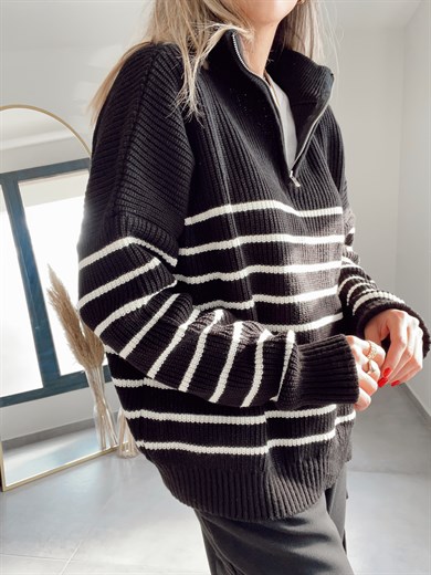 Siyah-Ekru Çizgili Fermuarlı Triko Kazak