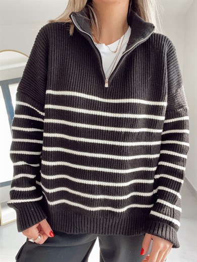 Siyah-Ekru Çizgili Fermuarlı Triko Kazak