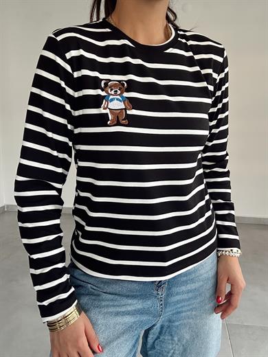 Siyah-Ekru Çizgili Teddy Bluz