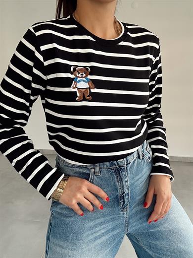 Siyah-Ekru Çizgili Teddy Bluz