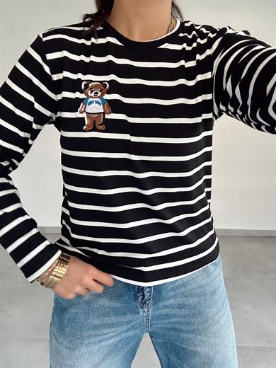 Siyah-Ekru Çizgili Teddy Bluz